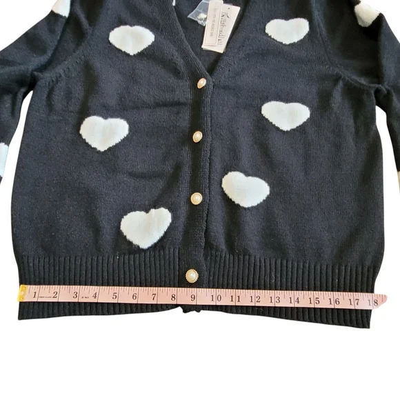 Nanette Lepore Heart Print Cardigan Black White Pearl Button XL Romantic Chic - Picture 17 of 17